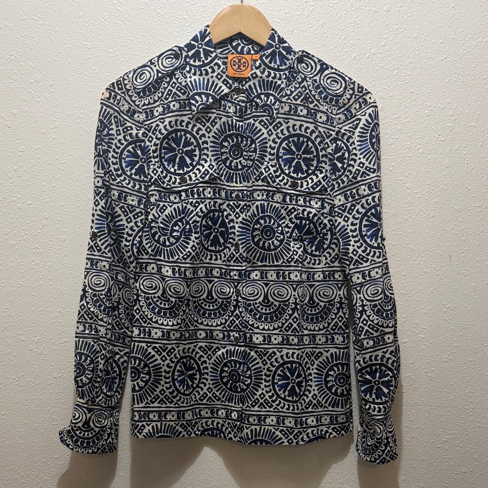 Tory Burch Navy and Cream Geometric Blouse, Size 4